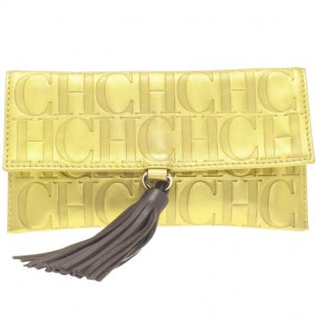Pre Owned Carolina Herrera Gold Monogram Leather Tassel Clutch