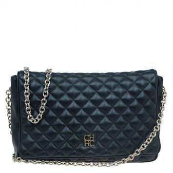 Pre Owned Carolina Herrera Black Quilted Leather Flap Bag