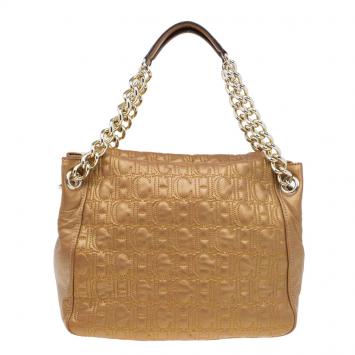 Pre Owned Carolina Herrera Gold Monogram Leather Shoulder Bag