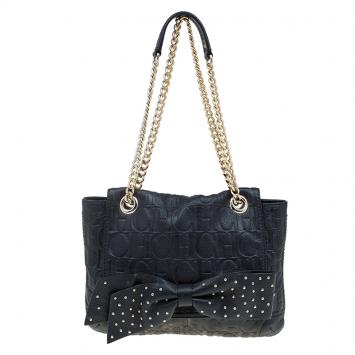 Pre Owned Carolina Herrera Black Monogram Leather Audrey Shoulder Bag