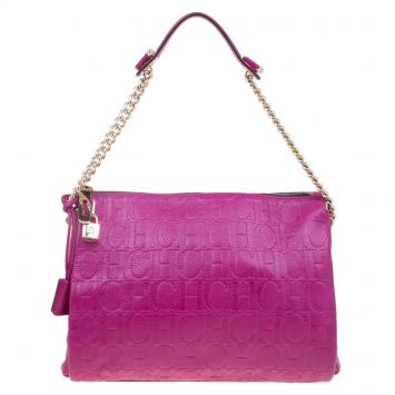 Pre Owned Carolina Herrera Fuschia Monogram Leather Hobo