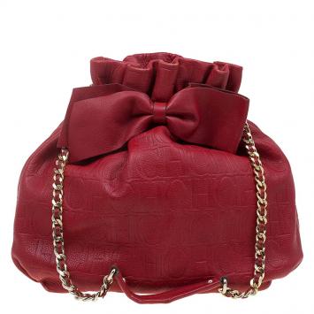 Pre Owned Carolina Herrera Red Embossed Leather Bow Bucket Shoulder Bag
