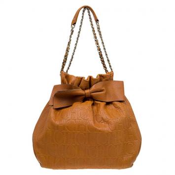Pre Owned Carolina Herrera Brown Embossed Leather Bow Bucket Shoulder Bag