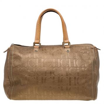 Pre Owned Carolina Herrera Gold Monogram Leather Andy Boston Bag
