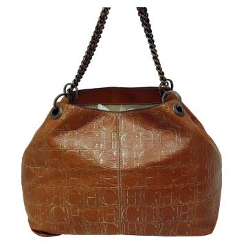 Pre Owned Carolina Herrera Brown Monogram Leather Chain Shoulder Bag