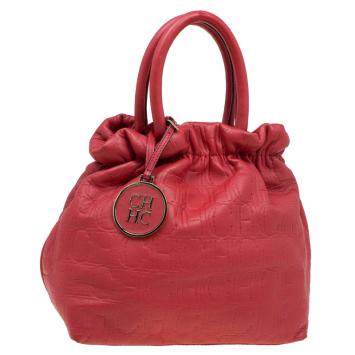 Pre Owned Carolina Herrera Red Leather Pleated Hobo
