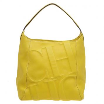 Pre Owned Carolina Herrera Yellow Leather Logo Embossed Hobo