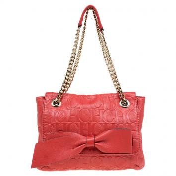 Pre Owned Carolina Herrera Candy Red Monogram Leather Audrey Shoulder Bag