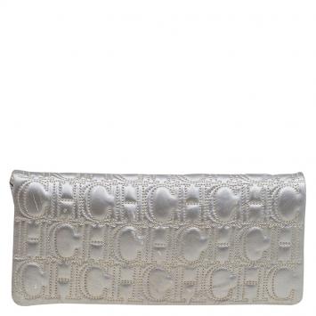Pre Owned Carolina Herrera Silver Monogram Leather Jerry Clutch