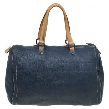 Pre Owned Carolina Herrera Navy Blue Monogram Leather Large Andy Boston Bag