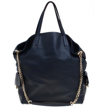 Pre Owned Carolina Herrera Navy Blue Leather Envelope Pocket Tote