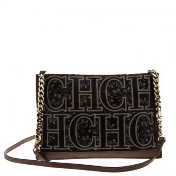 Pre Owned Carolina Herrera Blue/Brown Fabric and Leather Shoulder Bag