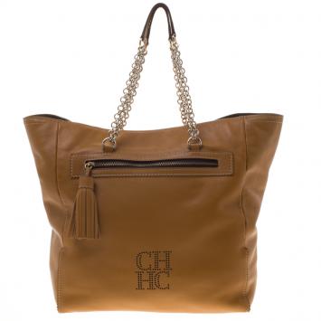 Pre Owned Carolina Herrera Tan Leather Shopping Tote