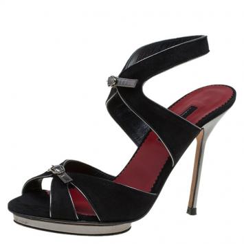 Pre Owned Carolina Herrera Black Suede and Silver Leather Sandals Size 38