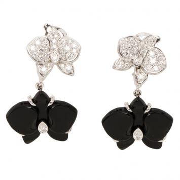 Pre Owned Cartier Caresse D'orchidees Par Cartier Diamonds, Onyx and White Gold Dangle Earrings