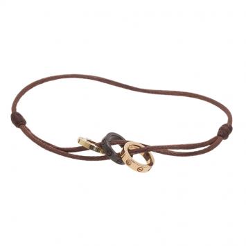 Pre Owned Cartier Love Diamond Brown Ceramic Yellow and Rose Gold 3 Hoops Silk Cord Bracelet 