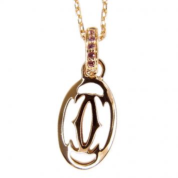 Pre Owned Cartier Logo Double C Pink Sapphires Rose Gold Necklace
