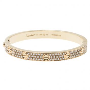 Pre Owned Cartier Love Diamond Paved Yellow Gold Bracelet Size 17
