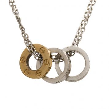 Pre Owned Cartier Love 3 Hoops White and Rose Gold Diamond Double Chain Necklace