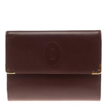 Pre Owned Cartier Burgundy Leather Must De Cartier Tri Fold Wallet