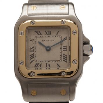 Pre Owned Cartier Cream Stainless Steel and 18K Yellow Gold Santos Women's Wristwatch 24MM