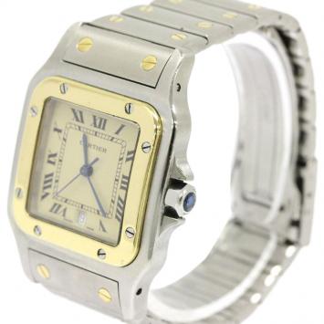 Pre Owned Cartier Cream 18K Yellow Gold and Stainless Steel Santos Galbee Women's Wristwatch 29MM