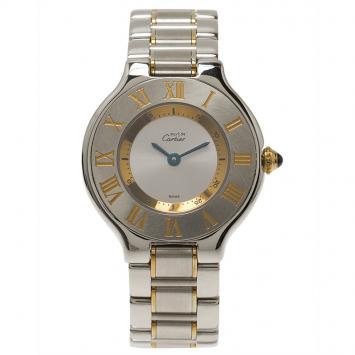 Pre Owned Cartier Silver Stainless Steel and 18K Yellow Gold Must Women's Wristwatch 28MM
