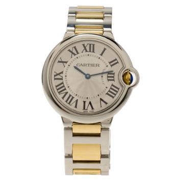 Pre Owned Cartier Silver Stainless Steel and 18K Yellow Gold Ballon Bleu Women's Wristwatch 33MM