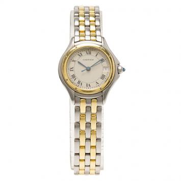 Pre Owned Cartier Cream 18K Yellow Gold and Stainless Steel Cougar 187906 Women's Wristwatch 26MM