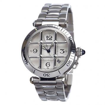 مملوكة مسبقًا Cartier Silver Stainless Steel Pasha Grille Women's Wristwatch 28MM