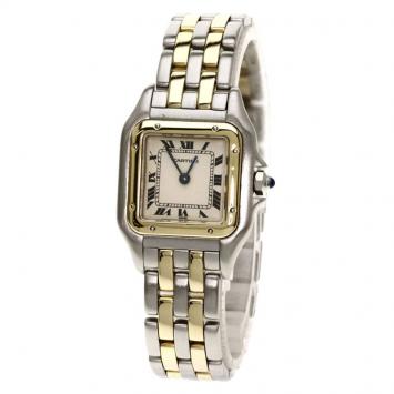 Pre Owned Cartier White 18K Yellow Gold and Stainless Steel Panthere Women's Wristwatch 22MM