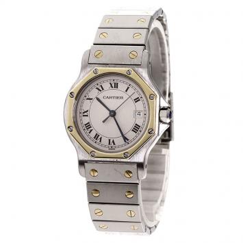 Pre Owned Cartier White 18K Yellow Gold and Stainless Steel Santos Octagon Women's Wristwatch 30MM