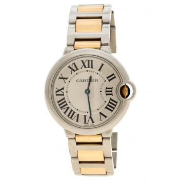 Pre Owned Cartier Silver Stainless Steel & 18K Yellow Gold Ballon Bleu  3005 Women's Wristwatch 38MM
