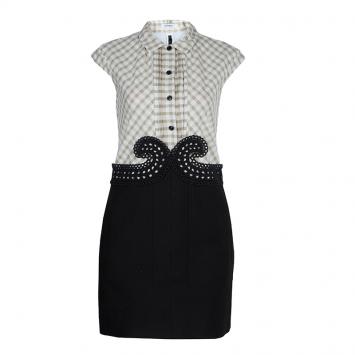 Pre Owned Carven Spring'14 Checked Front Mesh Back Eyelet Lace Detail Runway Dress M