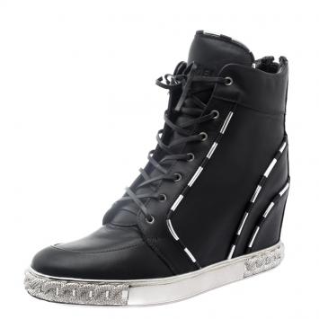 Pre Owned Casadei Black Leather Chain Detail Wedge Sneakers Size 41