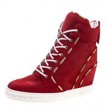 Pre Owned Casadei Red Suede High Top Wedge Sneakers Size 39