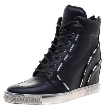 Pre Owned Casadei Black Leather Chain Detail Wedge Sneakers Size 40