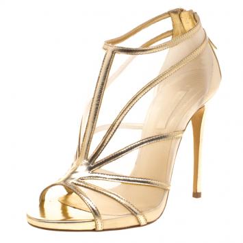 مملوكة مسبقًا Casadei Gold Metallic Leather and Mesh Peep Toe Ankle Booties Size 37