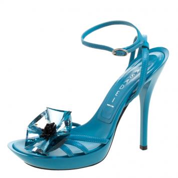Pre Owned Casadei Turquoise Leather Crystal Embellished Ankle Strap Sandals Size 39.5