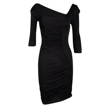Pre Owned Catherine Malandrino Black Jersey Ruched Draped Long Sleeve Dress S