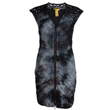 Pre Owned Catherine Malandrino Monochrome Tie-Dyed Cotton Ruched Sleeveless Double Zipper Dress S