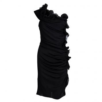 Pre Owned Catherine Malandrino Black Silk Ruched Frill Detail One Shoulder Dress M 