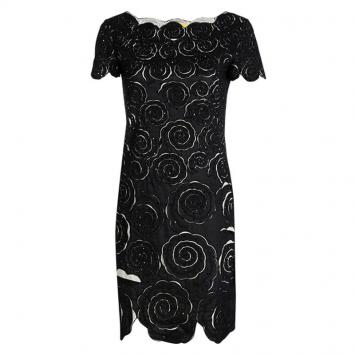 Pre Owned Catherine Malandrino Black Cotton Cutwork Floral Embridered Embellished Shift Dress S