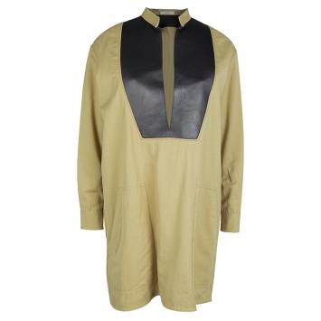 Pre Owned Celine Khaki Leather Yoke Detail Long Sleeve Oversized Tunic M