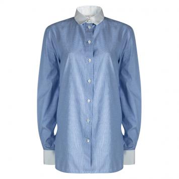 Pre Owned Celine Blue Pinchecked Contrast Trim Button Front Cotton Shirt L