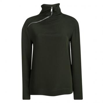 Pre Owned Celine Bottle Green Silk Zip Detail High Neck Long Sleeve Blouse S