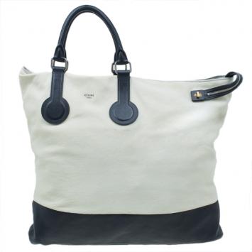 Pre Owned Celine White And Black Leather Oversized Folded Tote