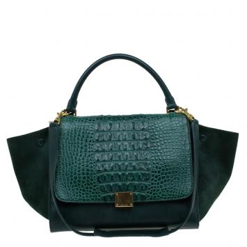 Pre Owned Celine Emerald Croc Stamped Leather Medium Trapeze Bag