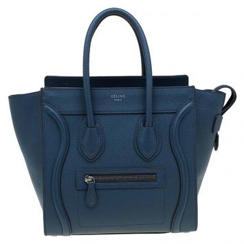 Pre Owned Celine Navy Blue Leather Micro Luggage Tote