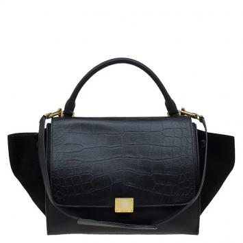 Pre Owned Celine Black Croc Embossed Leather Medium Trapeze Tote